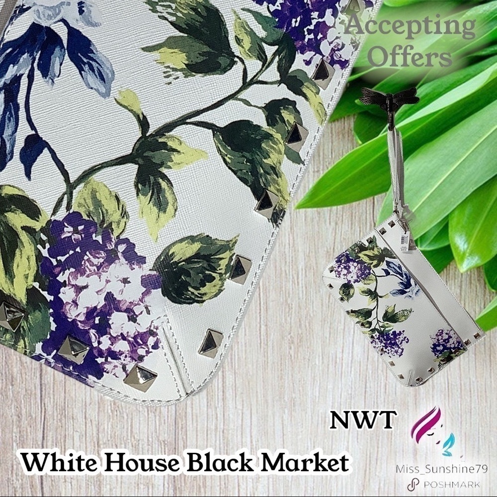 White House Black Market NWT - floral white silver studded medium sized wristlet - Picture 1 of 11
